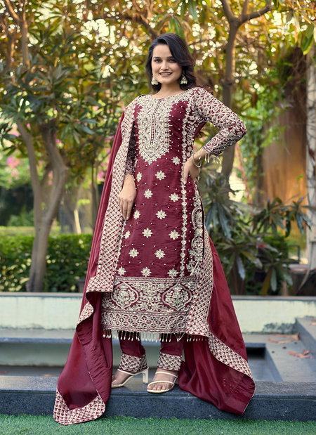 SR 1698 Pure Gmy Silk With Heavy Embroidery Work Top With Bottom Dupatta Exporters In India
